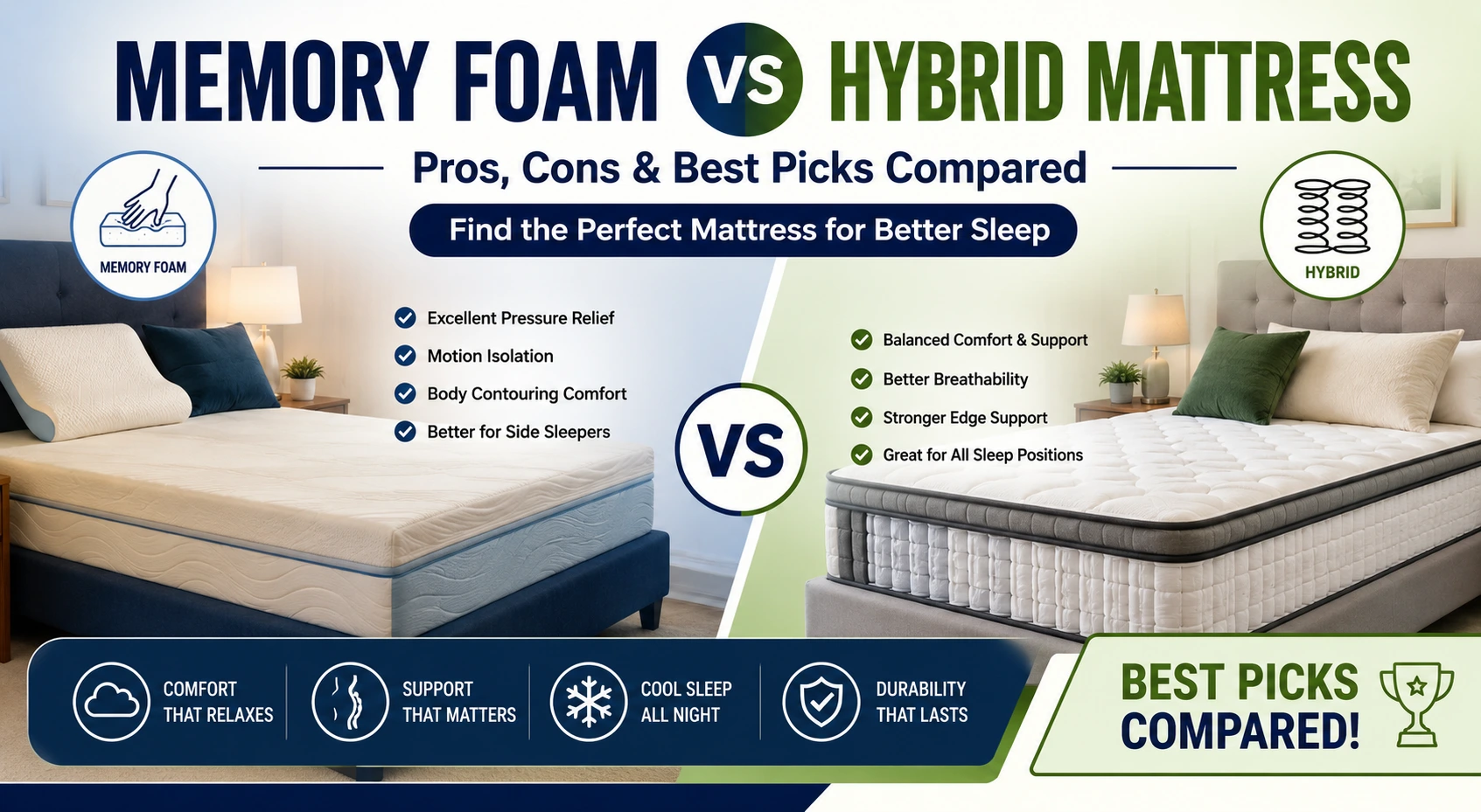 make a table comparing memory foam vs hybrid mattresses